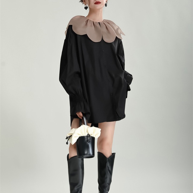 スタンドカラー　フレア袖ミニ丈シャツワンピース R30015