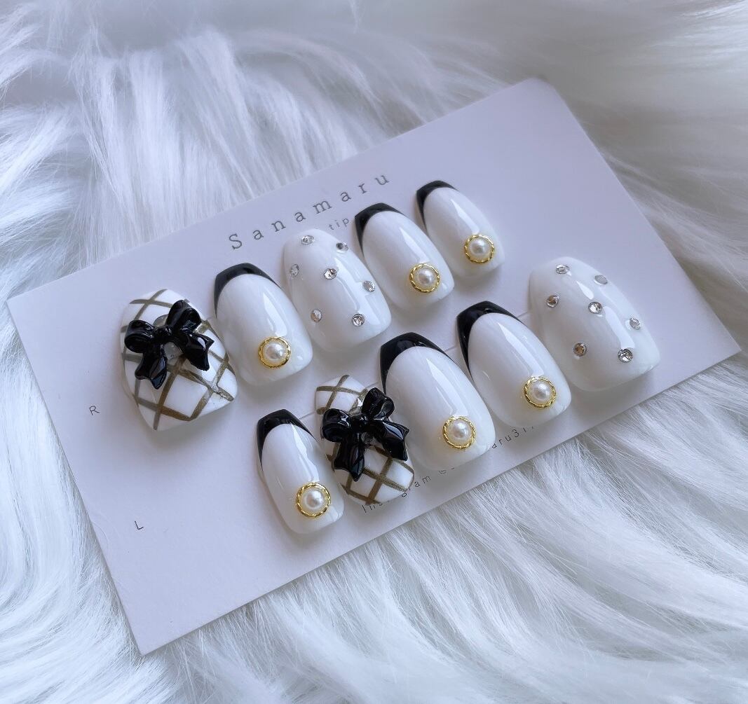 105))フレンチガーリー ニュアンス リボンネイル ネイルチップ