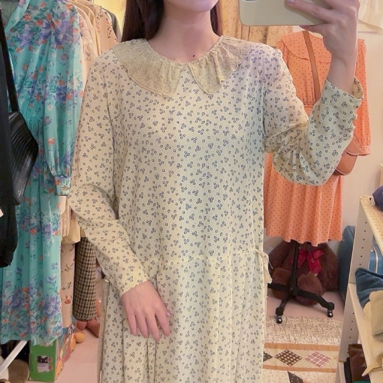 flower lace collar side ribbon one-piece