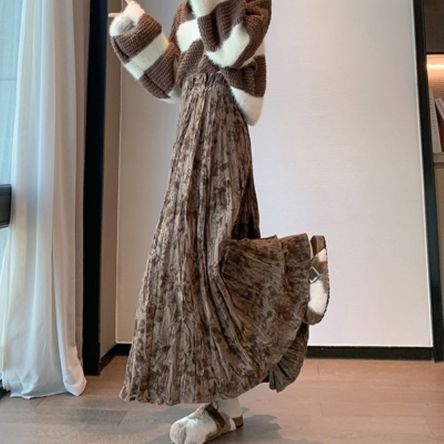 スカート プリーツスカート ロング マキシ丈 Aライン プリーツ ハイウエスト リブ ウエストゴム ポリエステル 大人 上品 おしゃれ 大人女子 存在感 フォーマル 柄 春 秋 レディース  通勤 デート お出かけ 休日 旅行 普段使い 楽ちん プレゼント 送料無料 フリーサイズ ゆったり ブラウン グレー