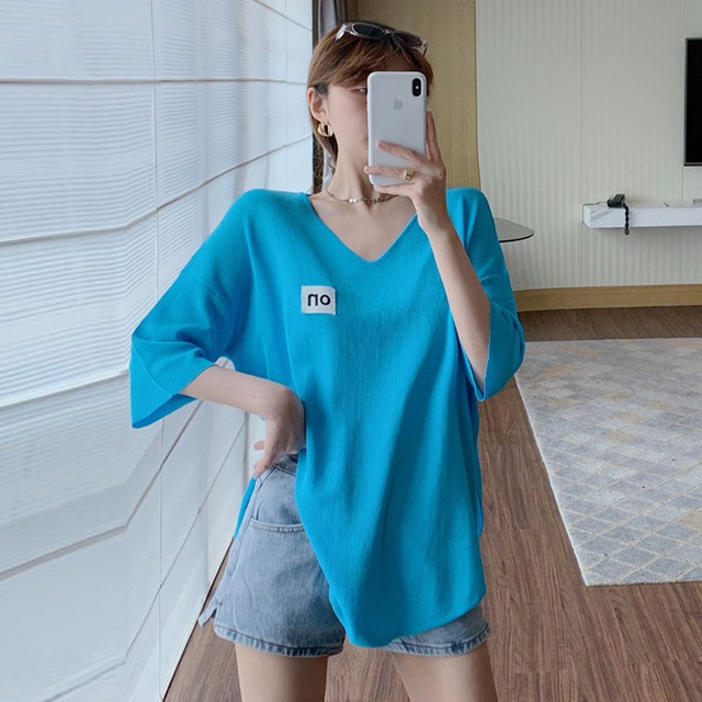 サマールーズ薄手Vネックセーター トップス 夏物 シルク ハンチェンe85919508202