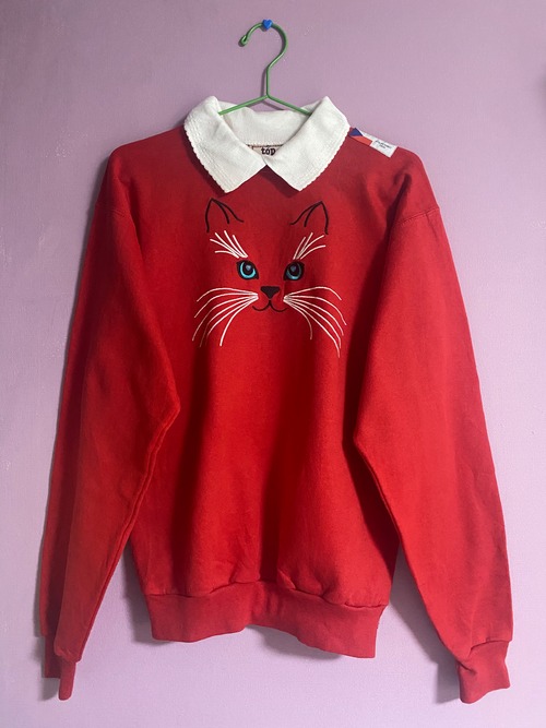 『赤面にゃーん』Vintage × Original-Custom 古着 カスタム スウェット 襟付き ATELIER ROBOT CZECH