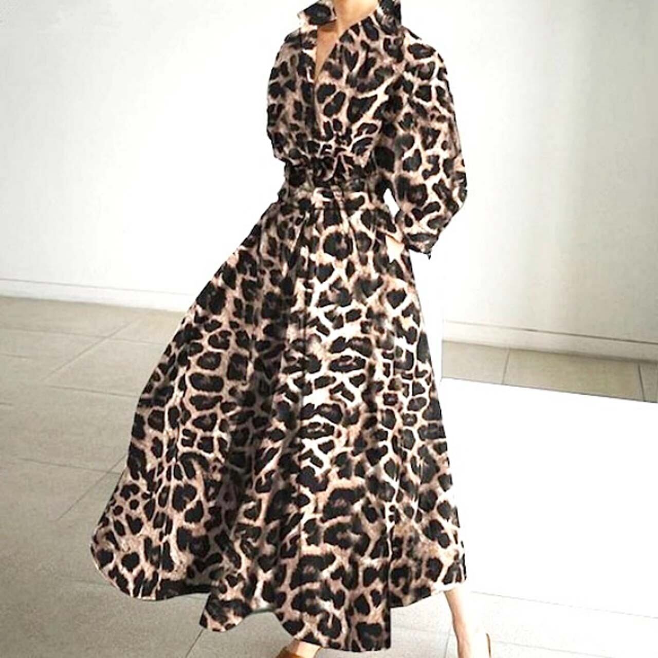 【送料無料】 プリント柄 ヒョウ柄 ワンピース ミモレ丈 派手 S M L XL 2XL 3XL 4XL 5XL 韓国 レディース オルチャン ワンピース 膝下 ミモレ 袖あり 長袖 フレア セミフレア Aライン かわいい 大人 おしゃれ お洒落 大人可愛い 大人女子 こなれ感 キュート 主役級 存在感 抜け感 柄 秋 冬 10代 20代 30代 オフィス ビジネス OL 通勤 通学 デート 女子会 お泊まり 休日 旅行 着回し 普段使い 重ね着 コーデ スタイル 流行