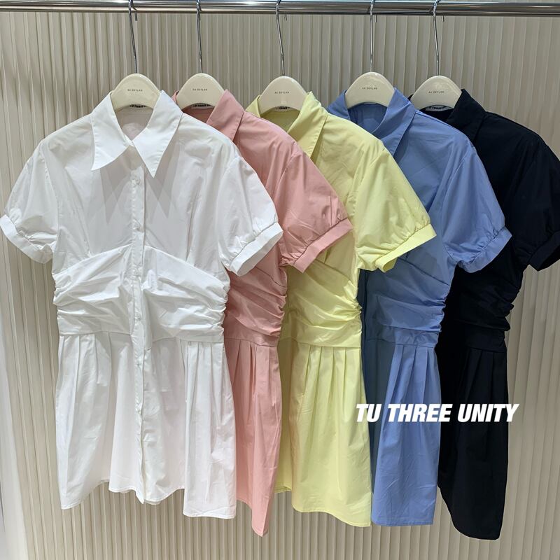 ホワイトシャツ スカート サマースタイルカジュアルルーズスリムショートプリーツハイウェストウェストドレス 夏物 ビッグFスモールZ韓国37325298112