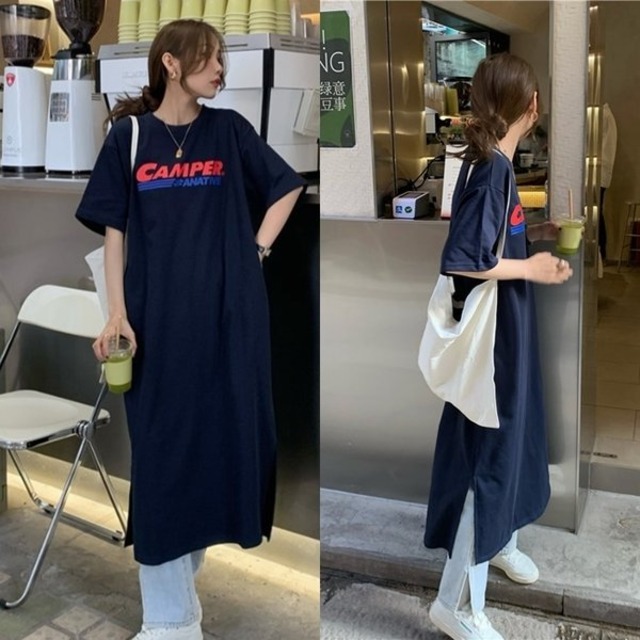 Tシャツ ワンピース レディース 韓国 ファッション かわいい マキシ ロング ワンピ ロゴ プリント カジュアル 夏 リラックス ラウンジ 半袖 Vestito