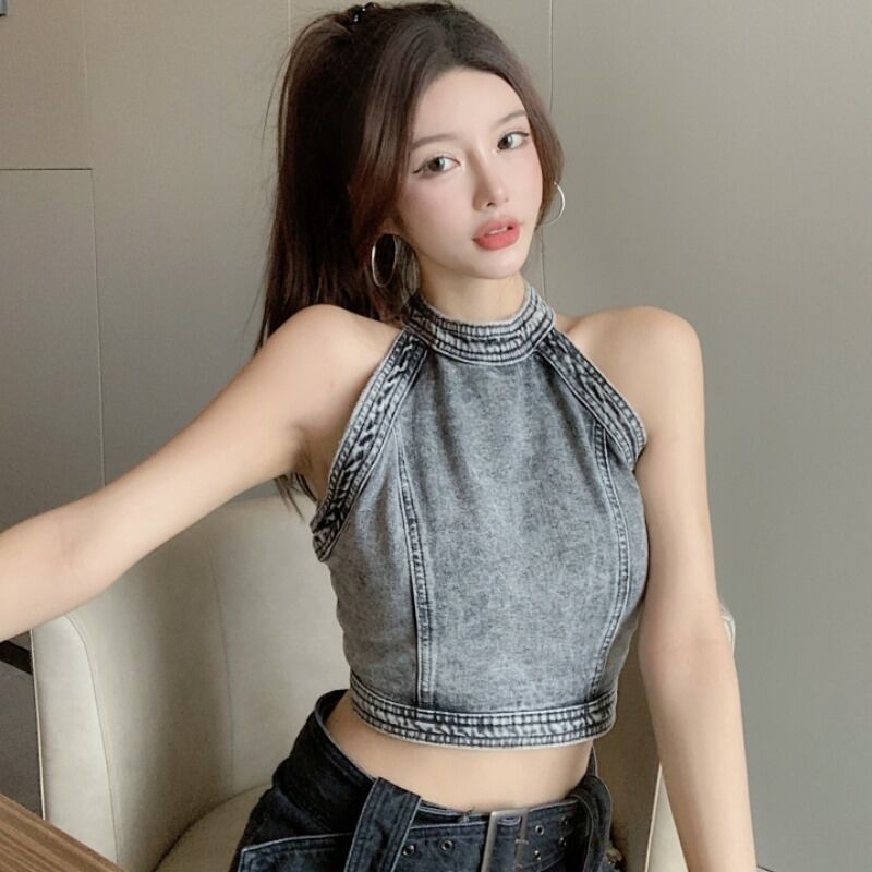 薄手ホルターノースリーブショートクロップトップ トップス ハンチェンe28659186761