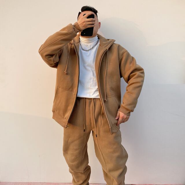 【予約販売】メンズ セットアップ 上下 長袖 フーディ パーカー ジップアップ グレー/カーキ/レッド/パープル/ブラウン ルーズ 男前 スエット 韓国 パンツ セット ジム カジュアル 部屋着 リラックス ルームウエア 韓国 トレンド 大きいサイズ M/L/XL/2XL