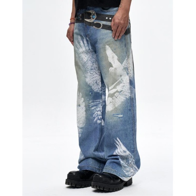 【DRIP6414】D/B Dove Design Printed Straight Denim