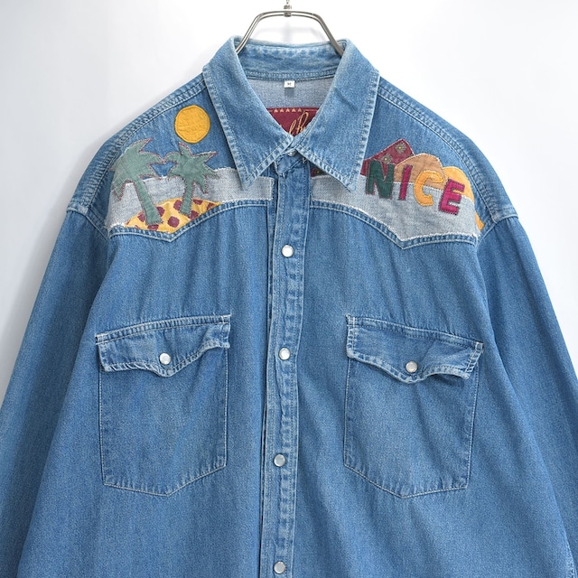 90s フランス製 School Rag スクールラグ デニムシャツ ウエスタンシャツ アップリケ刺繍 コーデュロイ切替 パールスナップボタン ユーロ古着 ユーロヴィンテージ ブルー USED ヴィンテージ ビンテージ 古着 メンズ L相当