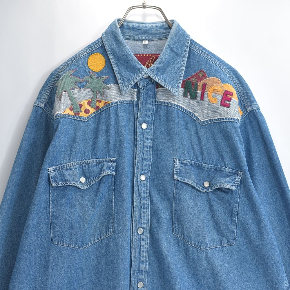 90s フランス製 School Rag スクールラグ デニムシャツ ウエスタンシャツ アップリケ刺繍 コーデュロイ切替 パールスナップボタン ユーロ古着 ユーロヴィンテージ ブルー USED ヴィンテージ ビンテージ 古着 メンズ L相当