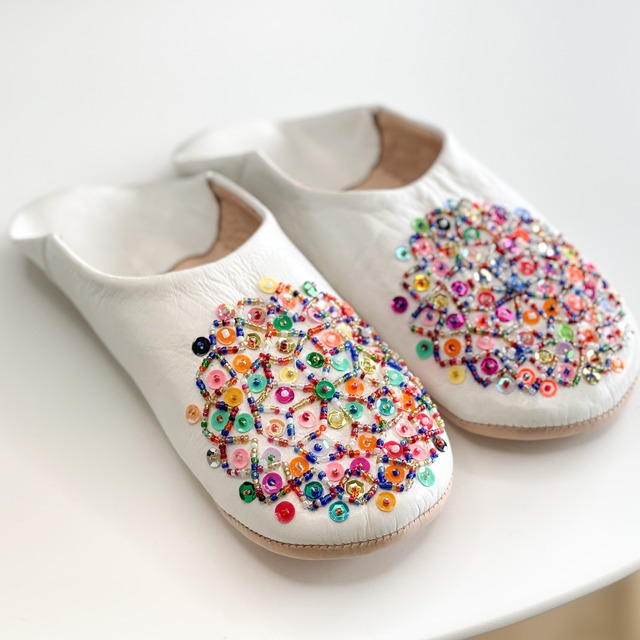 Morocco カラフルビーズバブーシュ　スリッパ 【white】