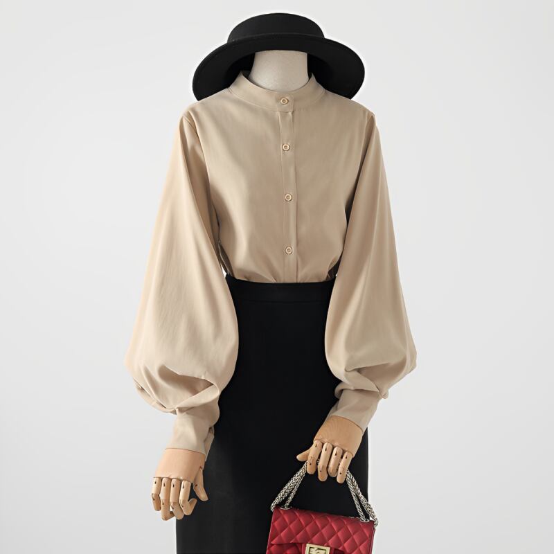 スタンドカラー・立ち襟キーネック2種パフスリーブ長袖シャツ E00350