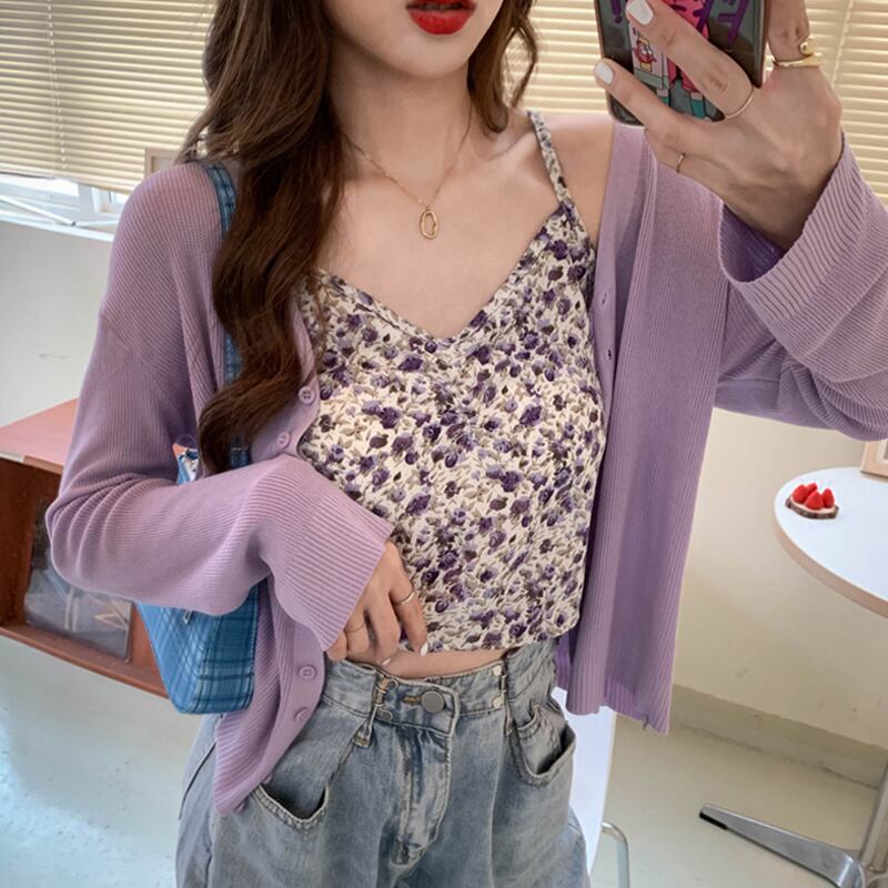 オータム薄手ショートカーディガン ロング 秋物 パープル 試着室53453240943