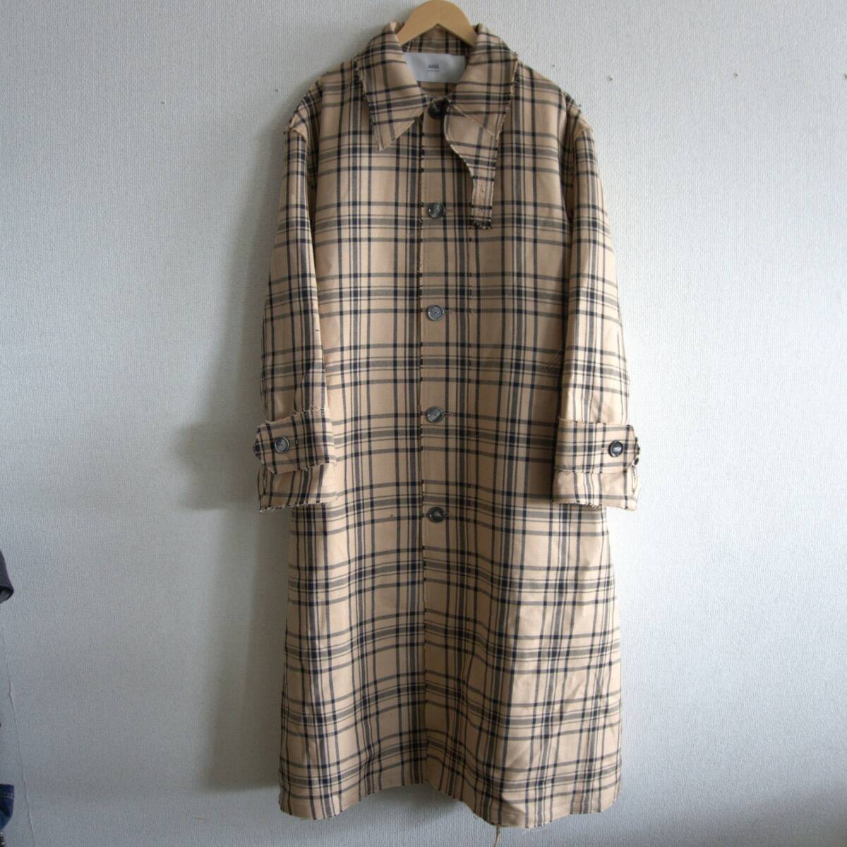 【美品】ami Alexandre Mattiussi【Checked Wool Gabardine Belted Mac】L アミアレクサンドレマテュッシ ロング コート 26060210 美品】ami Alexandre Mattiussi【Checked Wool Gabardine Belted Mac