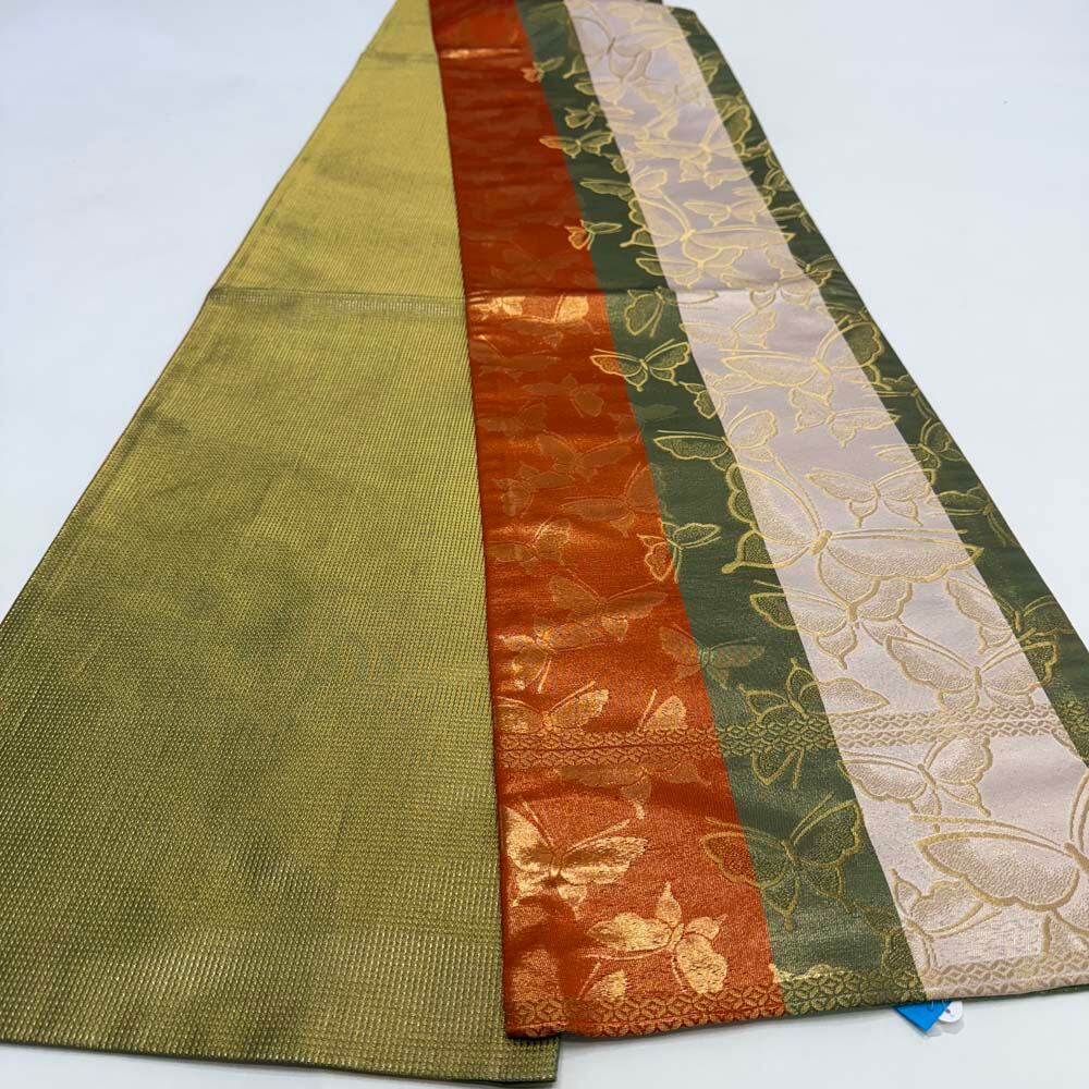 名古屋帯 ミンサー織 油色や鶯茶色などのモスグリーン系 長さ 360