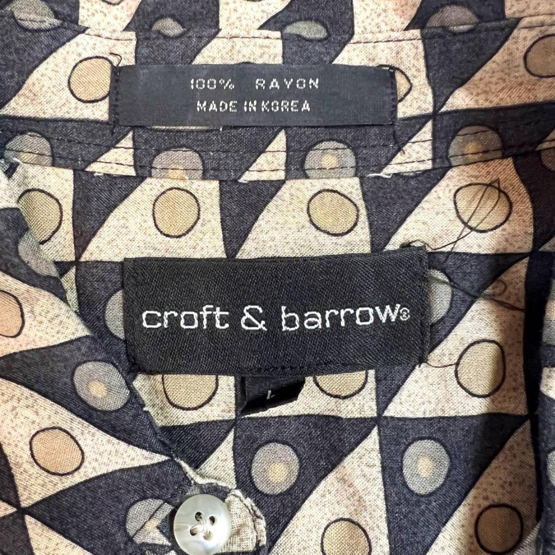 90s Croft&Barrow 幾何学柄半袖シャツ L カーキ レーヨンシャツ 柄
