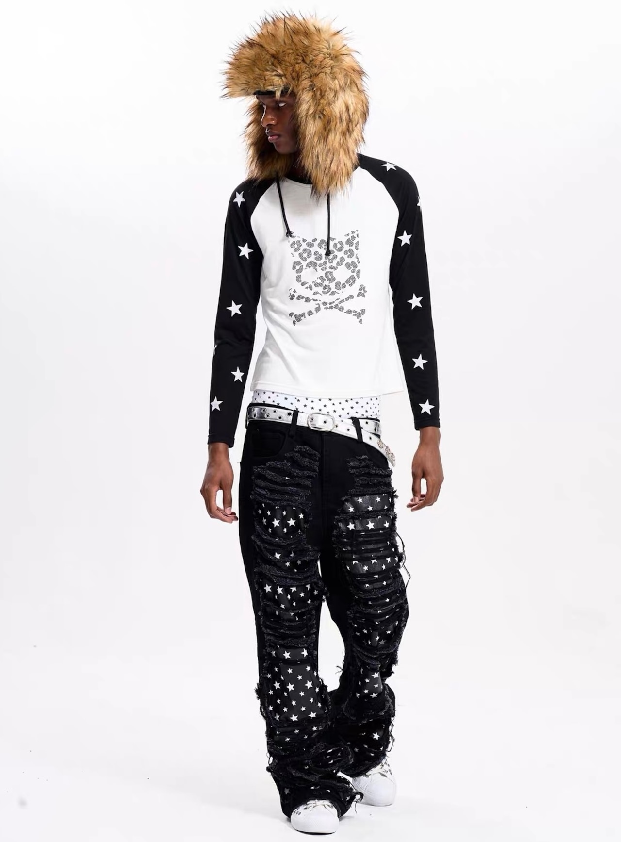 【Fourth3ex】Distressed Star Panel Denim Pants
