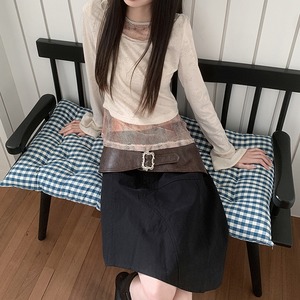 Mesh layerd tops leather mix skirt＊S-483