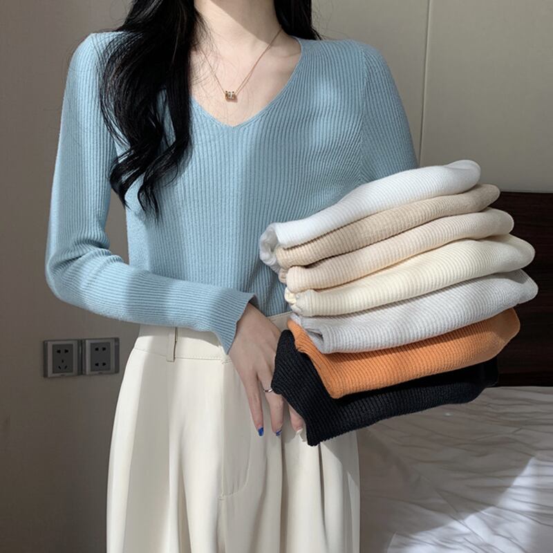 ブルーVネックシャツ スプリングオータムスリム薄手トップス セーター ロング 春物 秋物 スーパーモール77504500414