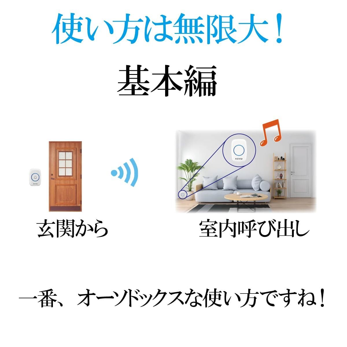 AZ4U ワイヤレスチャイム インターホン 電池式 ドアベルキット 工事