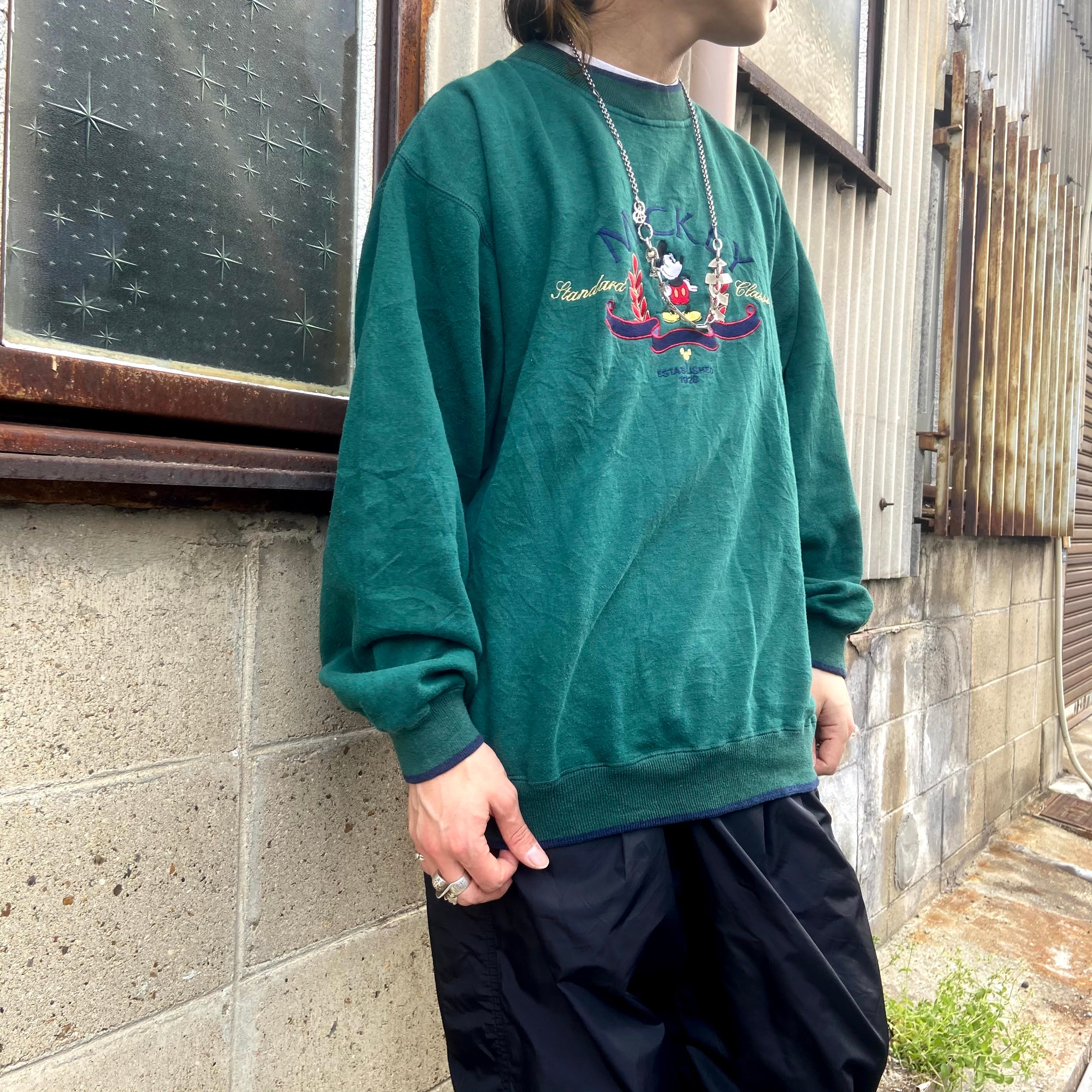 90年代 ディズニー ミッキーマウス 刺繍 キャラクタースウェット メンズxl相当 レディース 古着 90s ヴィンテージ ビンテージ Mickey Co Mickey Mouse トレーナー グリーン 緑 スウェット Ws21 Cave 古着屋 公式 古着通販サイト