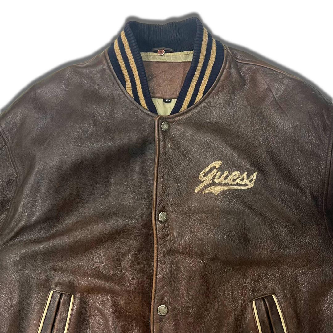 90s ゲス オールレザースタジャン XL ダークブラウン GUESS 革ジャン ストリート B系 HIPHOP バックロゴ レザージャケット  オーバーサイズ ビッグサイズ