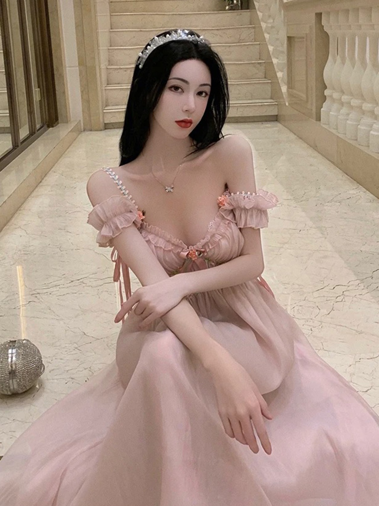 【0237】Pink Flower Shiffon Short Sleeve Dress