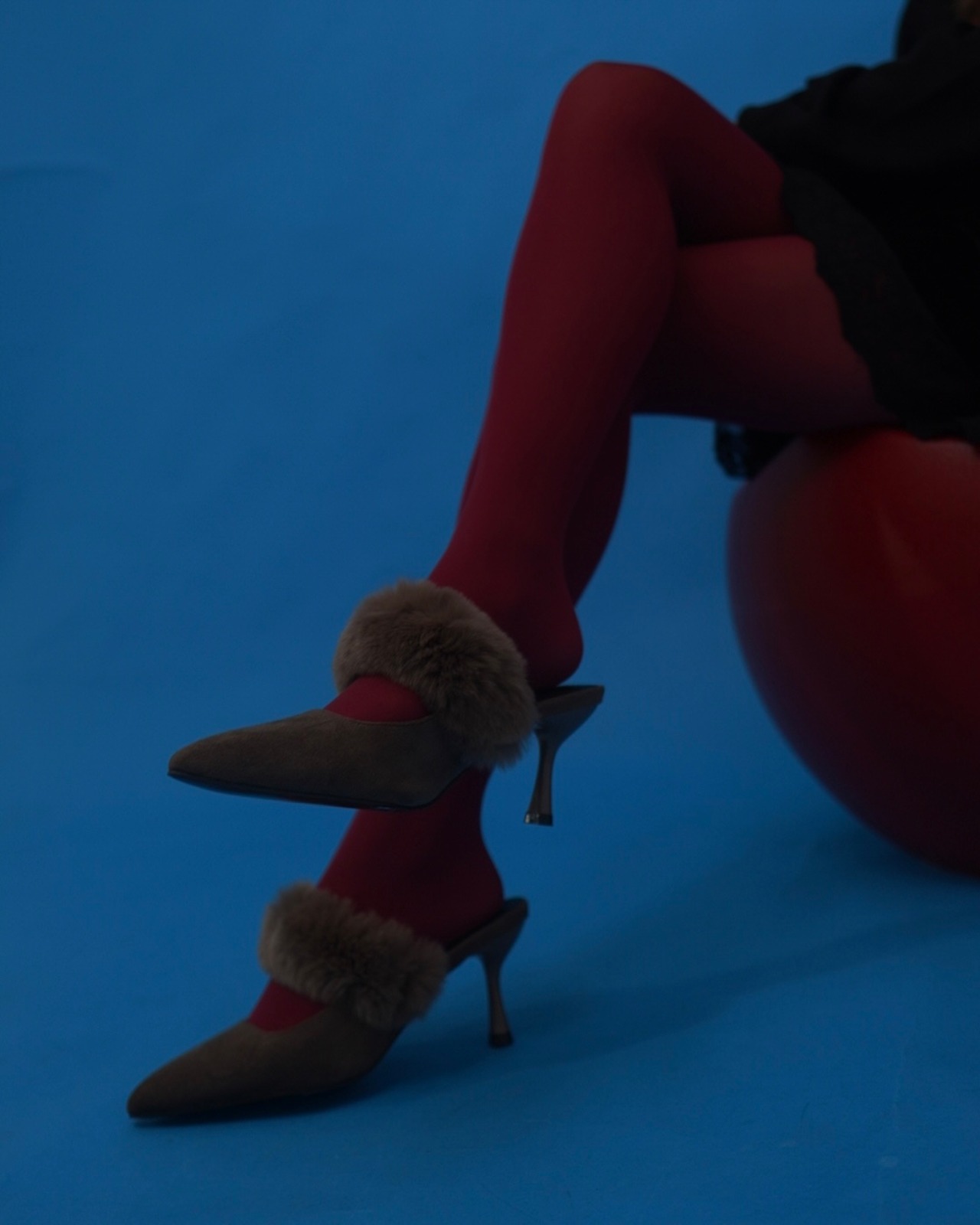 fox real fur ・suède heal mule／coffee brown