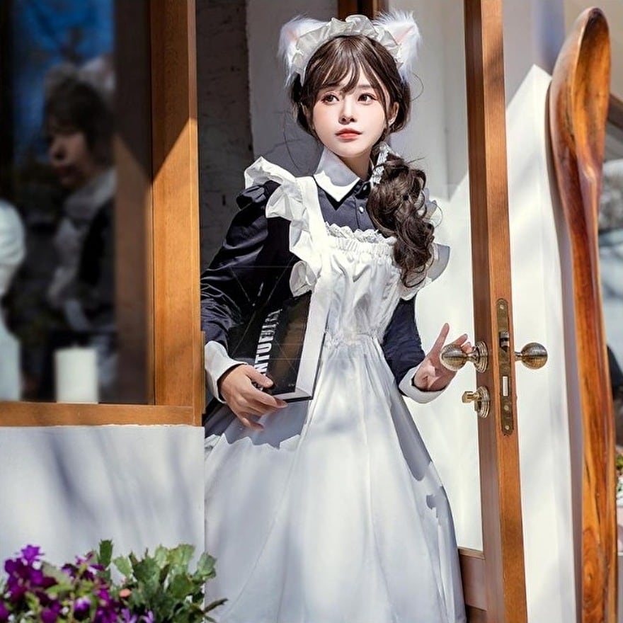 天使と悪魔 サブカル系 メイド服 セット コスプレ 衣装 ロリータ ワンピース ロング丈 長袖 エプロン レース フリル 秋葉原系 コンカフェ  天使と悪魔 サブカル系ファッション SEASONZ