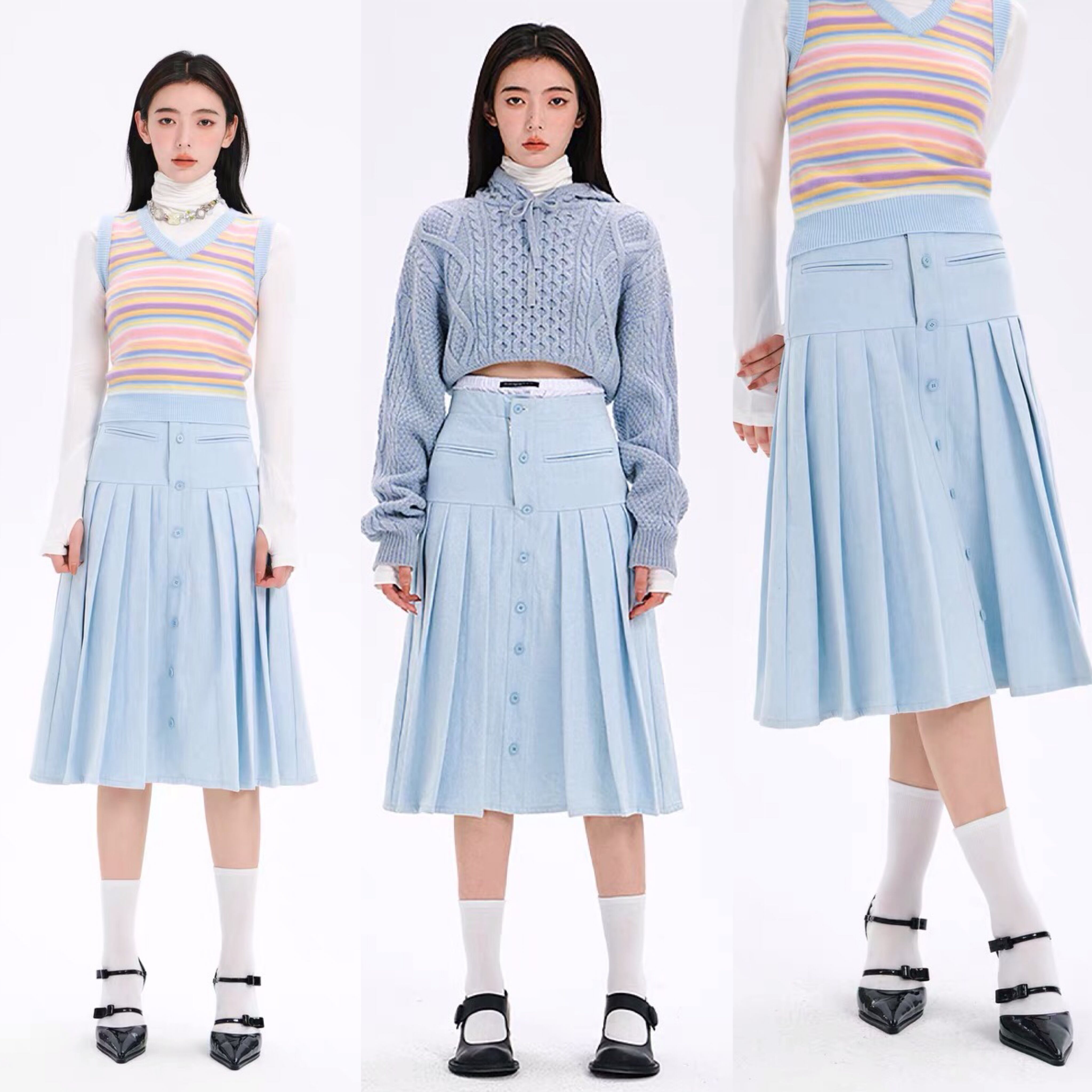 スカート 水色 ベスト カーディガン トップス ブラウス 水色 ピンク  