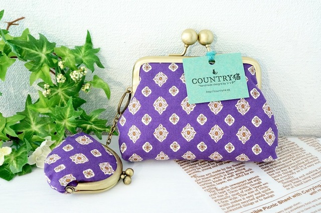 SET gamaguchi pouch & coin case purple handmade ● 手作りアンティーク親子がま口ポーチ財布コインケースハンドメイド