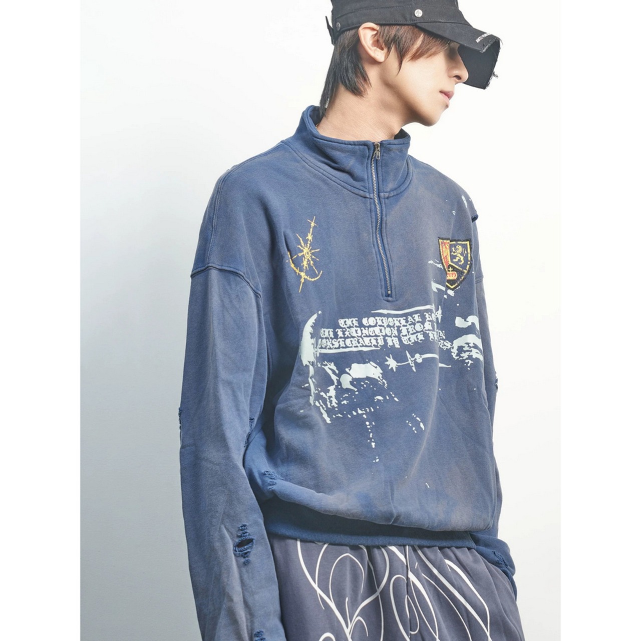 VINTAGE ストリート ダメージ加工 ハーフジップ スウェット T2333