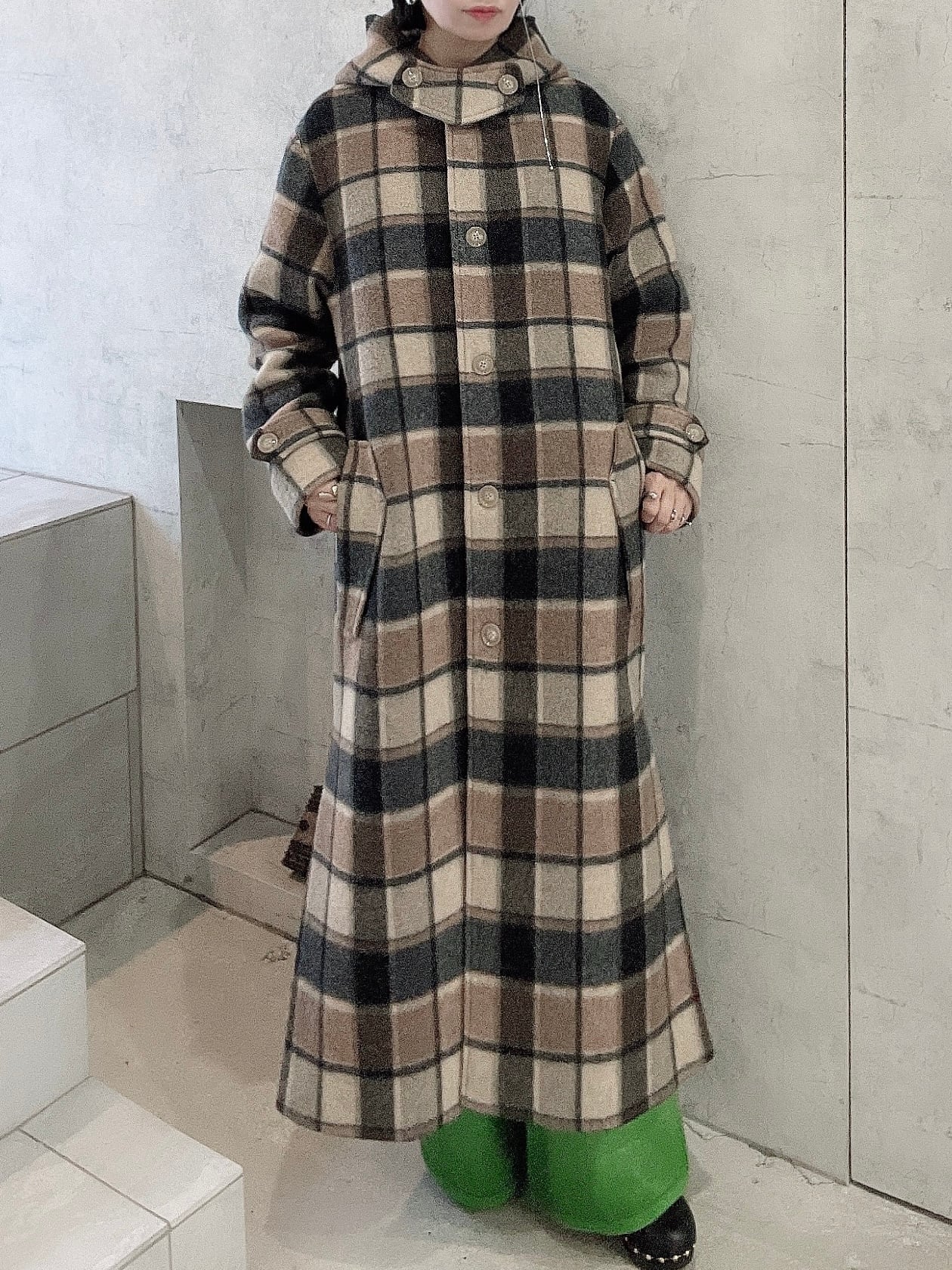 メゾンレネー　チェック　フード　ロングコート CIRCULATION送料無料【maison lener メゾン レネー/フランス