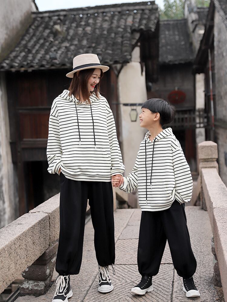 大人】親子ペア 親子コーデ パーカー 綿 コットン 長袖 ボーダー