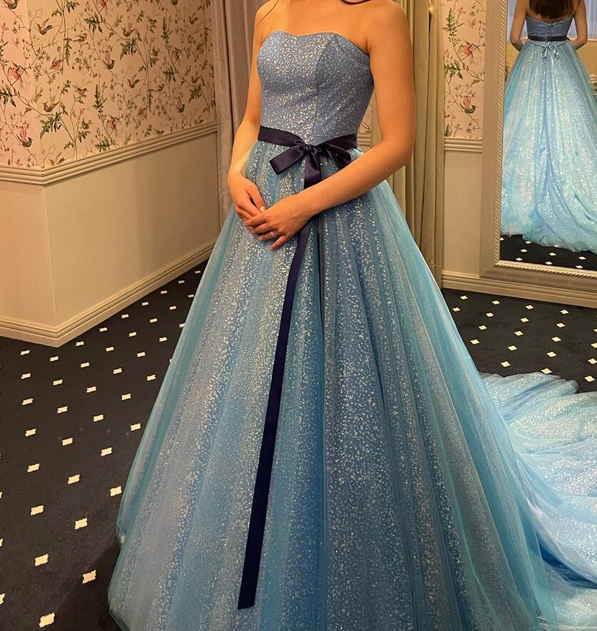 豪華！ キラキラグリッターチュール 爽やかで優しいブルー サッシュ  