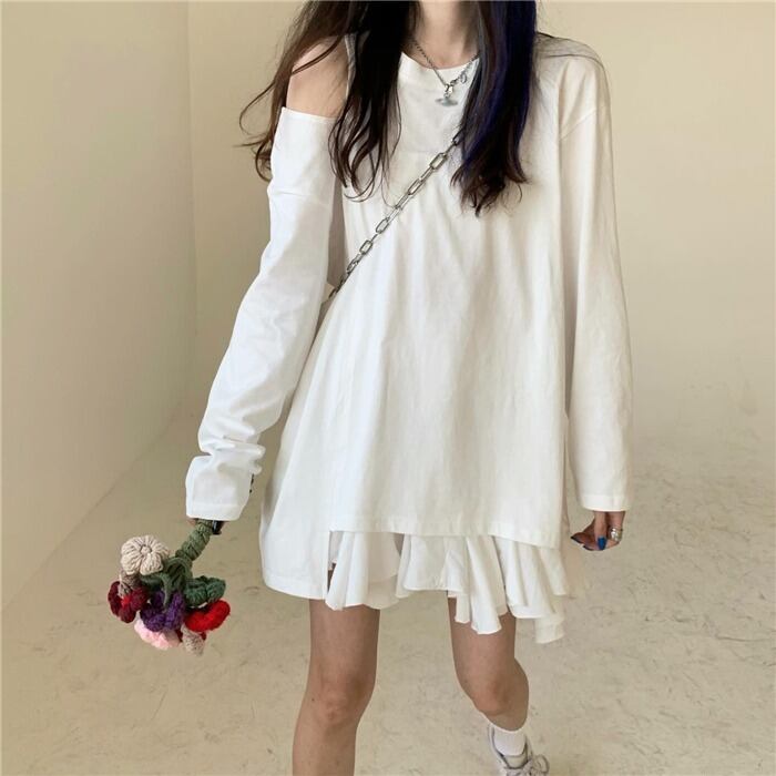 ホワイトストラップレスTシャツ シャツ ルーズスプリングトップス ロング 春物 モンロー654083120