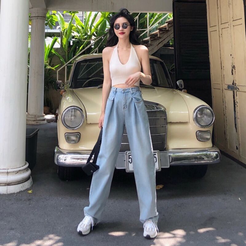 シックなオールドジーンズの2020年夏バージョンルーズBFワイドレッグパンツカジュアルパンツ+新しい白いVネックアウター YY-ファッション10642439302