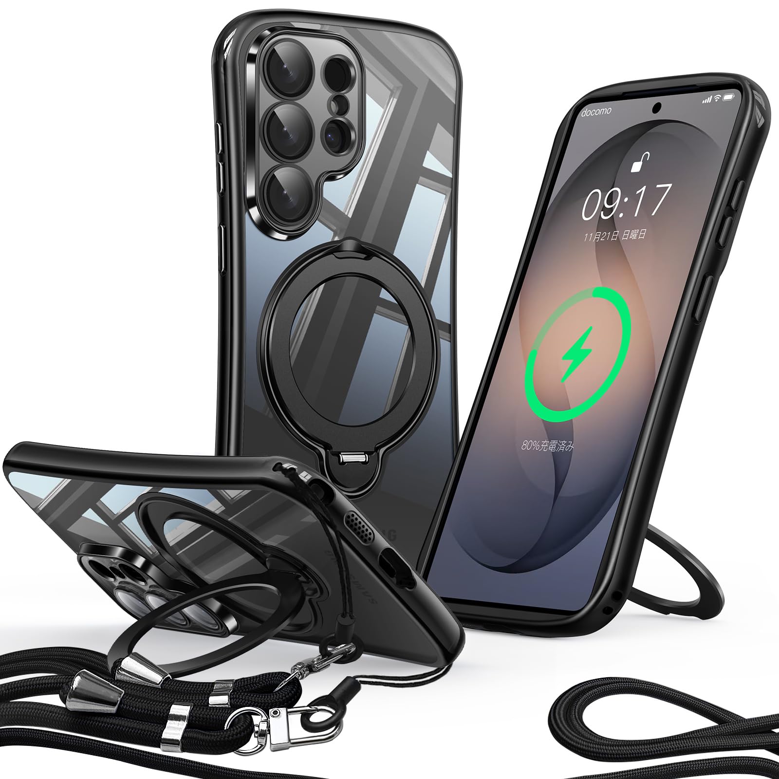 Reukdnv Galaxy S26 Ultra 用 ケース ショルダー 360°回転スタンド Magsafe対応 一体型レンズ保護(ブラック)