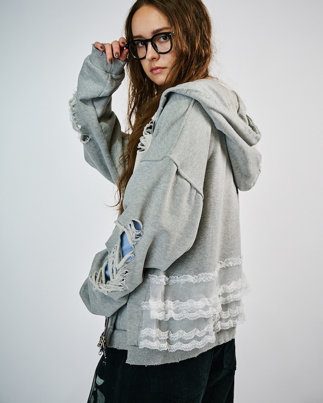 レースバックダメージフーディー (GRAY)　CQ-49084