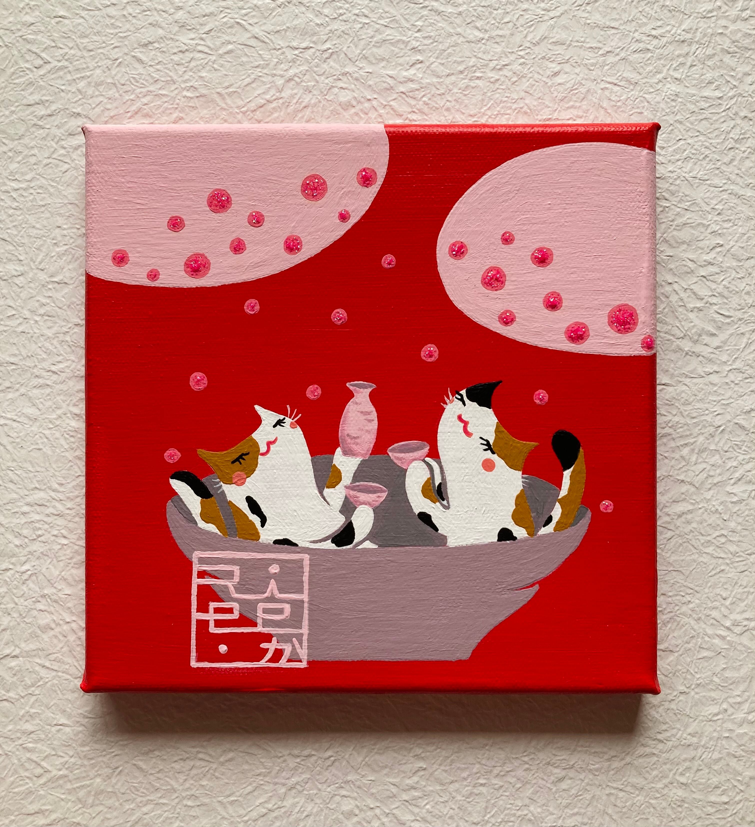 白猫とさくらんぼのキャンバスアート 15cm 1円〜 白もち桜 無邪気な子猫の夏祭り 原画