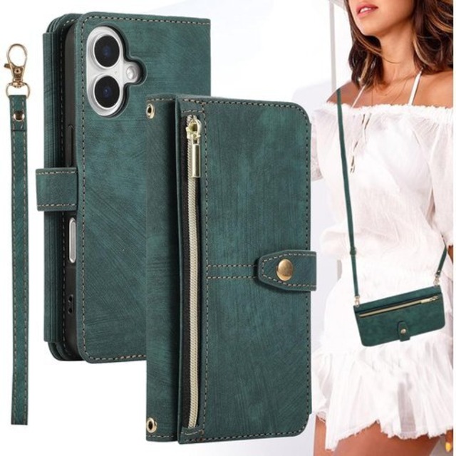 iPhone 16 Plus ケース 手帳型 ショルダー ストラップ 二本同梱 アイフォン 16 プラス 手帳ケース アイホン 16 プラス 手帳 iPhone16Plusケース 16プラス スマホケース ショルダーケース BonwFzin ストラップホール付き カード収納 バッグ マグネット 肩がけ 斜め掛け ファスナー ジッパー ストラップ付き スタンド カード入れ レトロ グリーン 2824