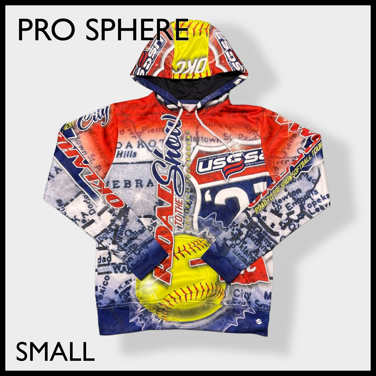 【PRO SPHERE】メキシコ製 総柄 オールパターン ソフトボール プリント パーカー スウェット プルオーバー フーディー SMALL ポリエステル US古着