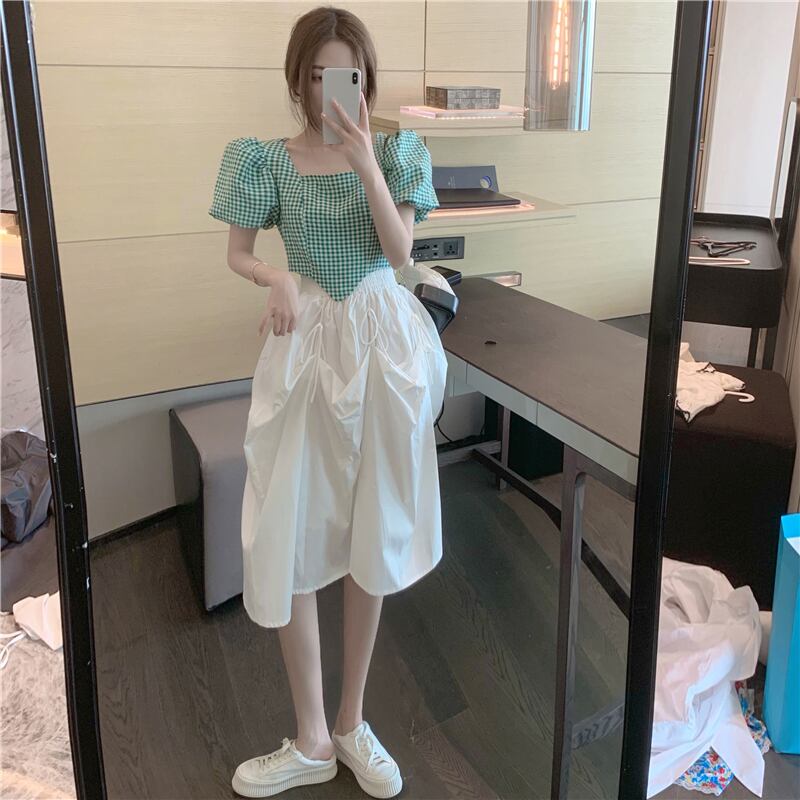 スカート ホワイトギャザーハイウェストウェストサマースタイル 夏物 ブラックストロベリース99793147119