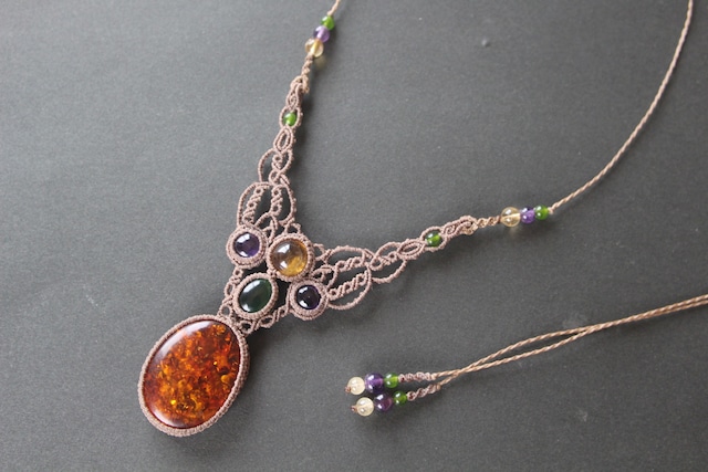 Amber & Citrin & Ametyst & Serpentine micro macrame necklace