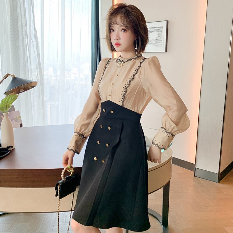 刺繍レースダブルブレストプリーツハイウェストウェストスカート ドレス オータム 秋物 ステッチ MIUCO25050933052