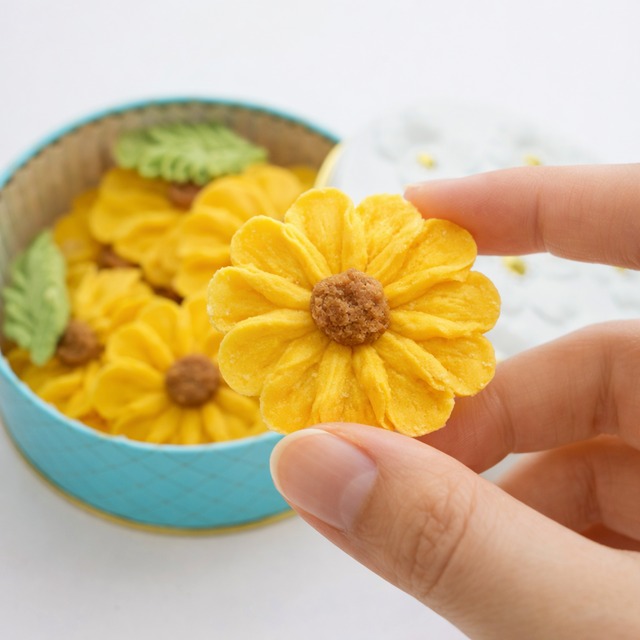 「お花のぼうろ（ヒマワリ）レモン餡」3缶セット｜クッキー缶｜オリジナル紙袋3枚