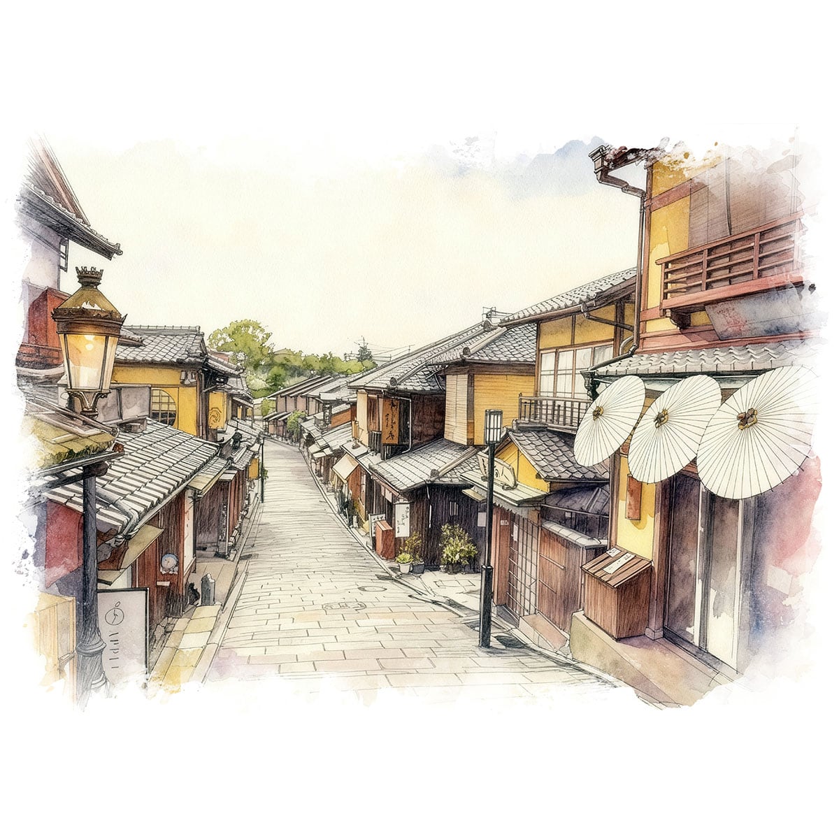 絵画 風景画(街並み) 日本 京都府 二寧坂(二年坂) インテリアアート額付き 水彩画・油絵風 WAT1537