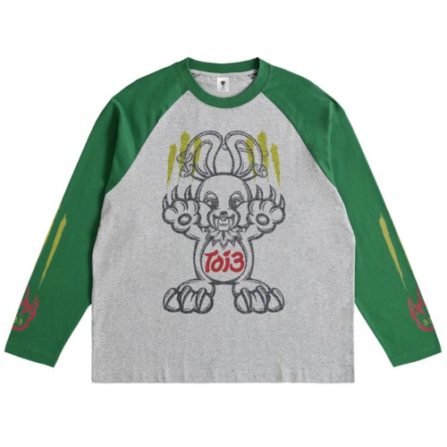 Claw Bunny Raglan L/S Tee 【Gray × Green】