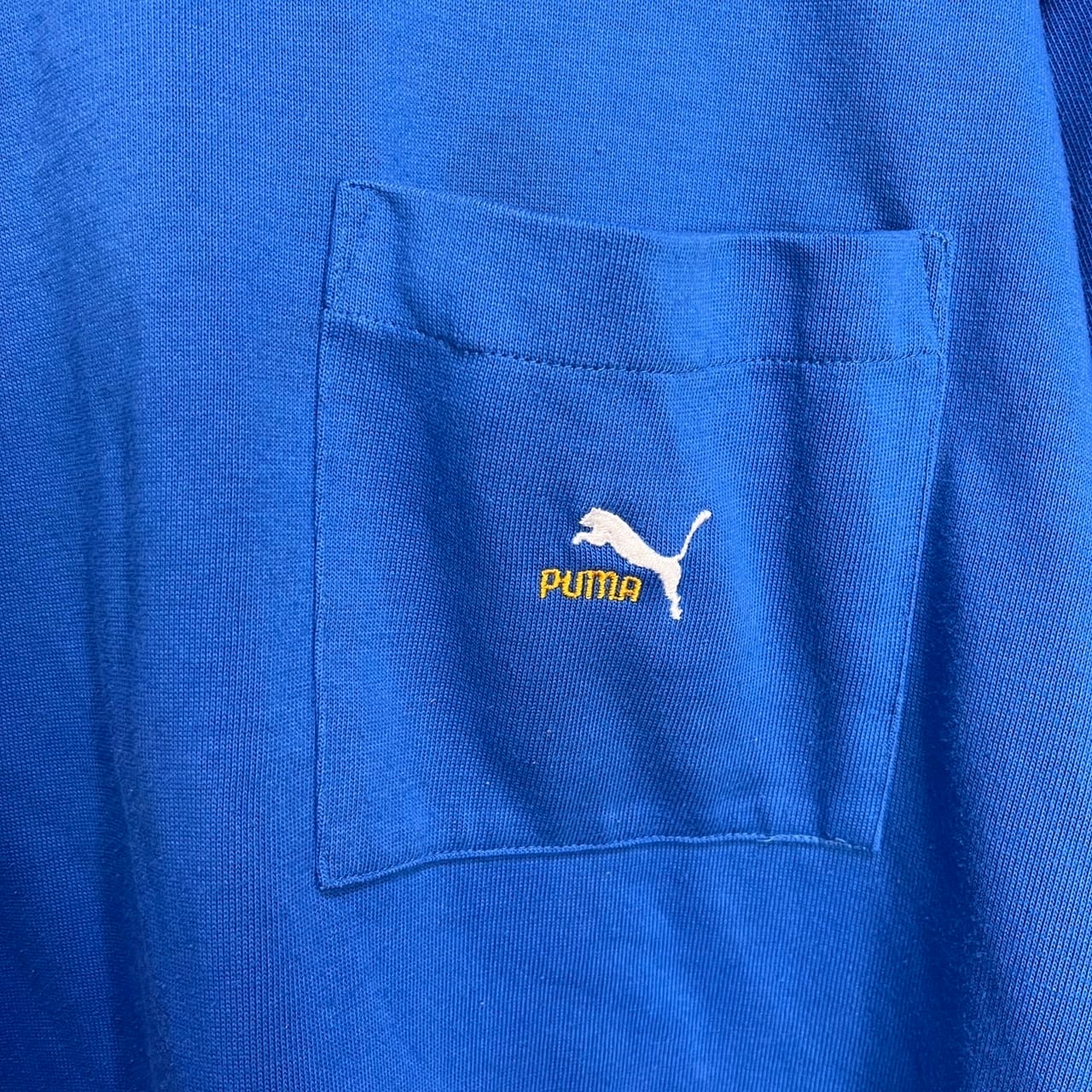 90s PUMA プーマ ワンポイントロゴTシャツ ポケT リンガー風 青 90s PUMA プーマ ワンポイントロゴTシャツ ポケT リンガー風 青
