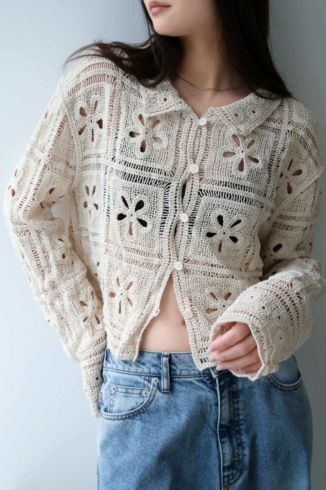 Crochet Knit Cardigan カギ編みニットカーディガン White | planet3rd